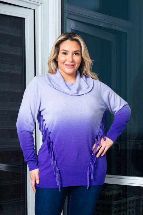 Plus Size Cowl Neck Soft Knit 2 Tones Sweater W/Front Fringe Detail (FS171108W) - Wholesale Fashion Couture 