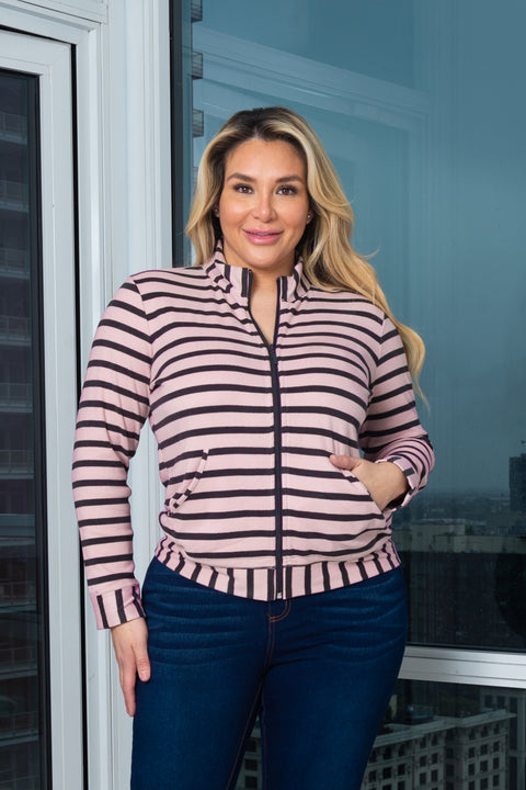 Plus Size Soft Striped Print Sweatshirt W/Front Zipper and 2 side Pockets (PS01-21) - Wholesale Fashion Couture 