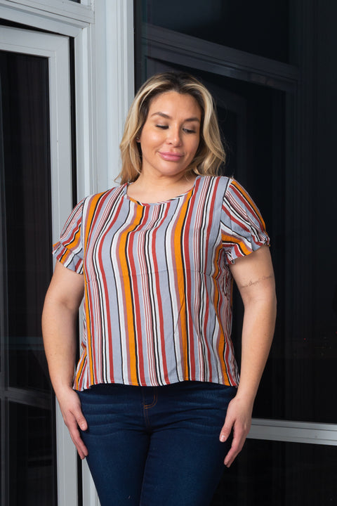 Plus Size Round Neck Short Sleeve Striped Top (T2250XR) - Wholesale Fashion Couture 
