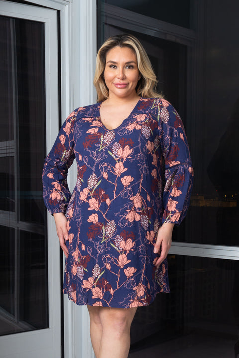 Plus Size V-Nek 3/4 Sleeve Floral Print Midi Dress W/full lining (195913) - Wholesale Fashion Couture 