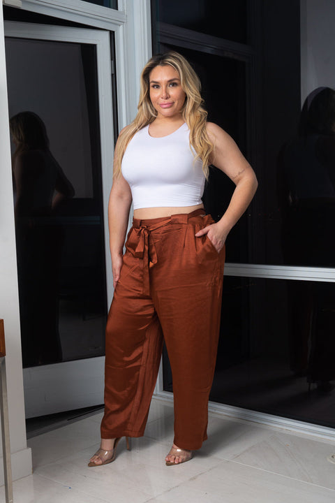 Plus Size Satin Palazzo Pants With Tie Front and 2 Pockets (173839) - Wholesale Fashion Couture 