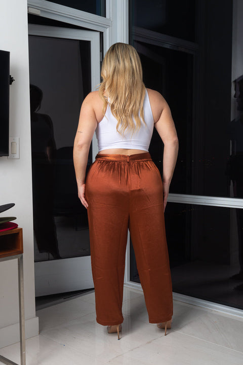 Plus Size Satin Palazzo Pants With Tie Front and 2 Pockets (173839) - Wholesale Fashion Couture 