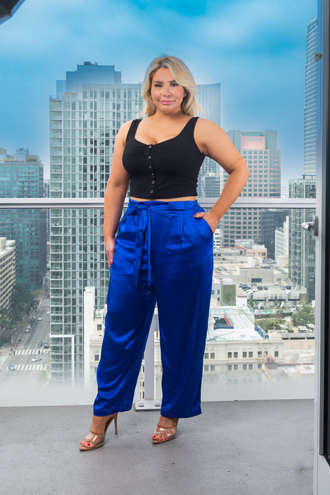 Plus Size Satin Palazzo Pants With Tie Front and 2 Pockets (173839) - Wholesale Fashion Couture 