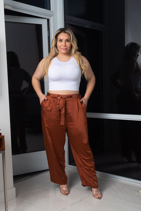 Plus Size Satin Palazzo Pants With Tie Front and 2 Pockets (173839) - Wholesale Fashion Couture 