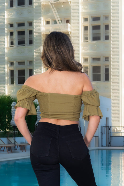 Short Sleeve Off The Shoulders Crop Top With elastic detail on the Sides and Half Lining (T7633) - Wholesale Fashion Couture 