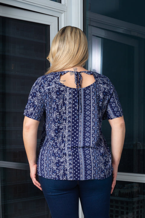 Plus Size V-Neck Printed Short Sleeve Top With embroidered flowers detail on Neck and tie Back (140803) - Wholesale Fashion Couture 