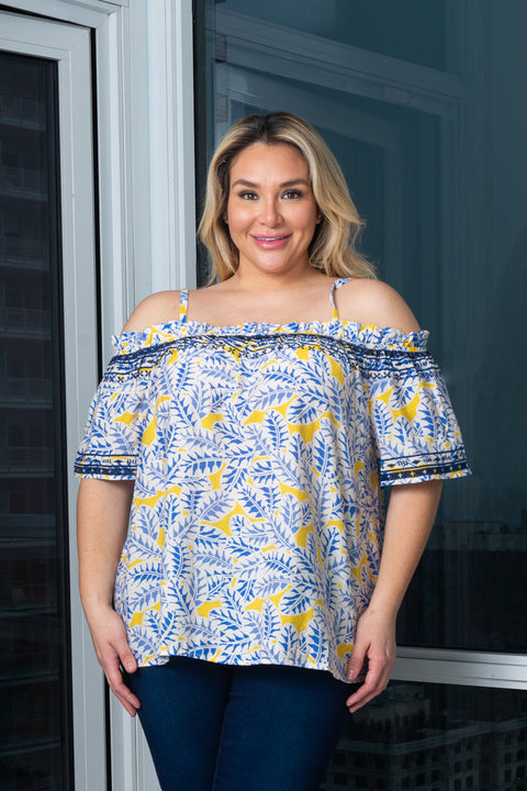 Plus Size Short Sleeve Off The shoulder Top With Embroidery Details on Neck and Sleeve (140370) - Wholesale Fashion Couture 