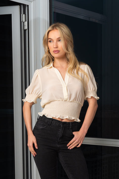 Button Down Short Sleeve Collar Cut Crop Top With Elastic on Waist and Sleeve (10149TY) - Wholesale Fashion Couture 