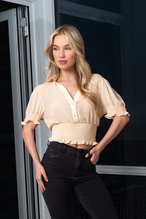 Button Down Short Sleeve Collar Cut Crop Top With Elastic on Waist and Sleeve (10149TY) - Wholesale Fashion Couture 