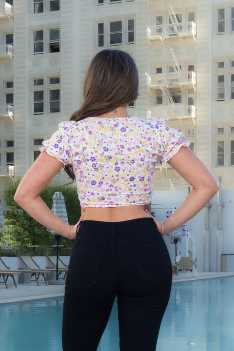 Short Sleeve Floral Print Crop Top Bust Tie Key Hole Detail  (10042TM) - Wholesale Fashion Couture 