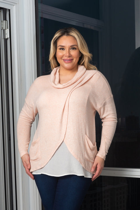 Plus Size Cowl Neckline Long Sleeve Top White Front Contrast Detail and 2 Pockets (B70534CBCK) - Wholesale Fashion Couture 