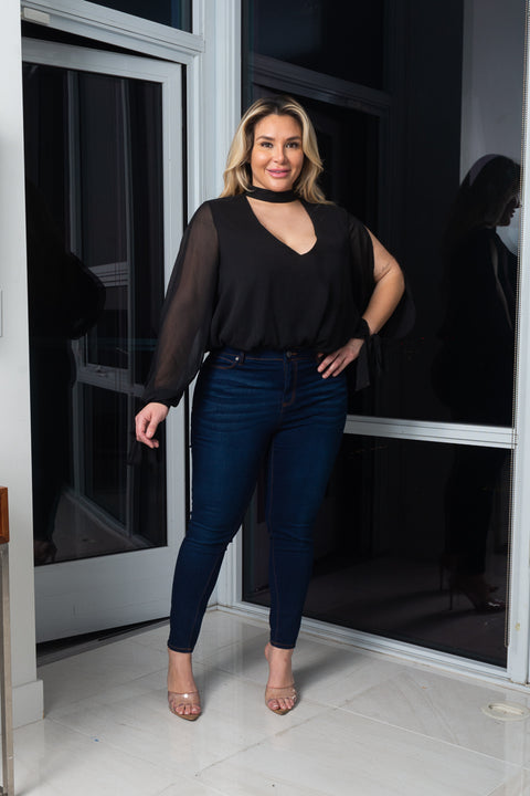 Plus Size Chocker Neckline Open Sleeves Bodysuit W/ lining (J62987) Y - Wholesale Fashion Couture 