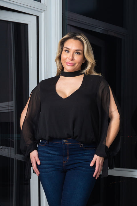 Plus Size Chocker Neckline Open Sleeves Bodysuit W/ lining (J62987) Y - Wholesale Fashion Couture 