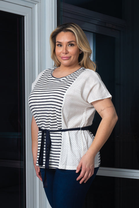 Plus Size Round Neck Short Sleeve Stripe Print Top with Belt and Polka Dots Contrast Detail on the Sides (140089) - Wholesale Fashion Couture 