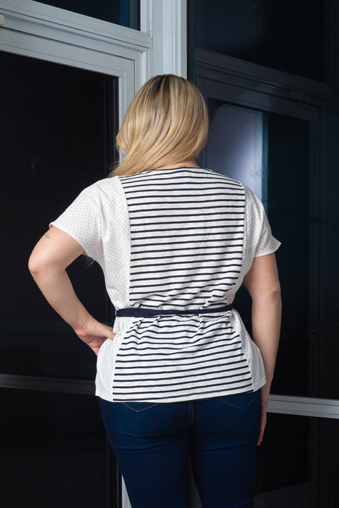 Plus Size Round Neck Short Sleeve Stripe Print Top with Belt and Polka Dots Contrast Detail on the Sides (140089) - Wholesale Fashion Couture 