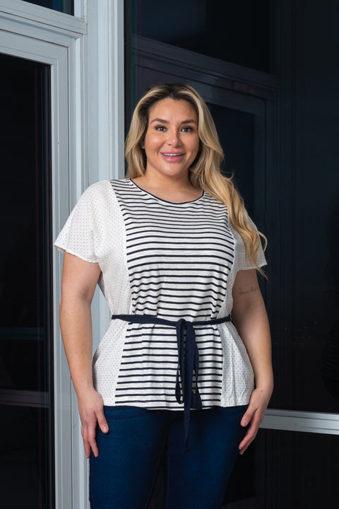 Plus Size Round Neck Short Sleeve Stripe Print Top with Belt and Polka Dots Contrast Detail on the Sides (140089) - Wholesale Fashion Couture 