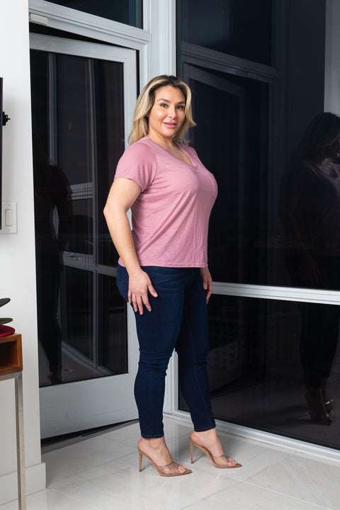 Plus Size Soft V-Neck Short Sleeve Tee Shirt with Front Pocket* (K67053X) - Wholesale Fashion Couture 