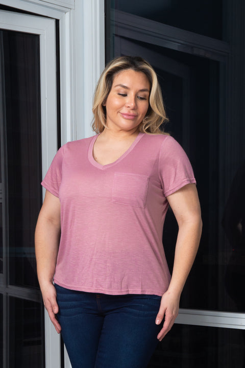 Plus Size Soft V-Neck Short Sleeve Tee Shirt with Front Pocket* (K67053X) - Wholesale Fashion Couture 