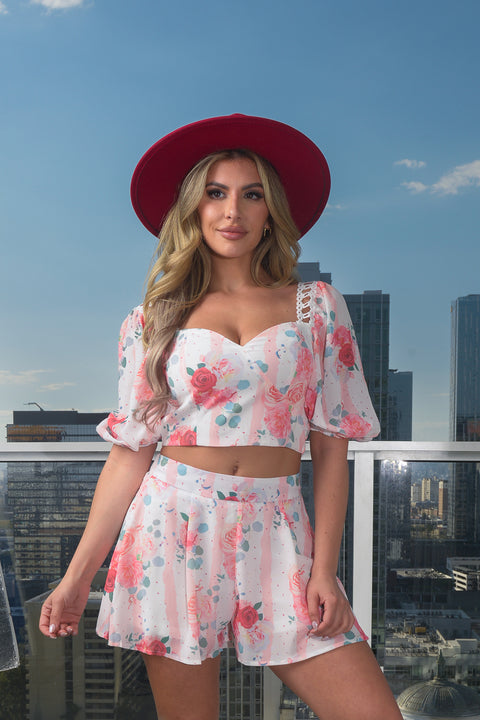 2PC. Set- Chiffon Floral Print Full Lining  Short Set With Crossed Back Bustier Top and Zipper back Mini Short (CS13427)