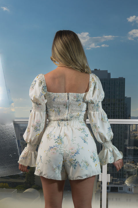 2PC. Set- Floral Print Full Lining Short Set Long Ruffle Sleeve front Tie Crop Top and Zipper back Mini  Short (CS12195) - Wholesale Fashion Couture 
