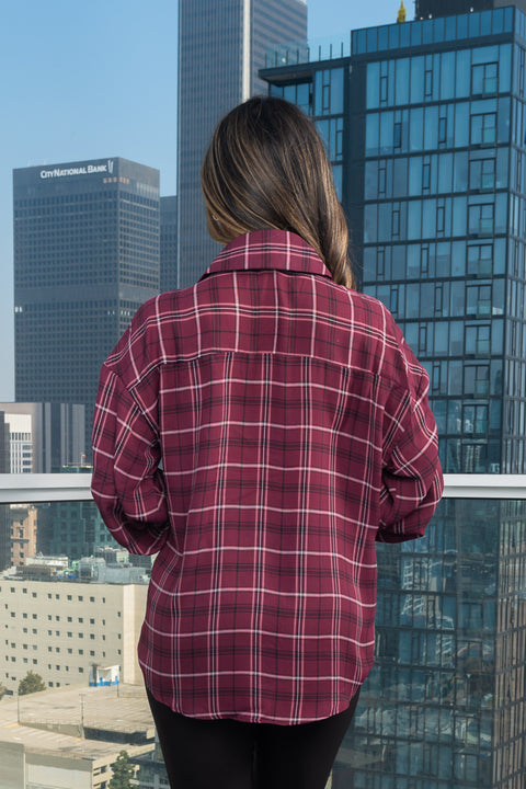 Plaid Long Cuffed Sleeve Button Down Top In Burgandy (T17505M) - Wholesale Fashion Couture 
