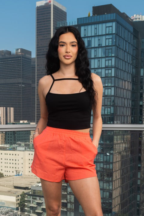 Elastic Waist Solid Mini Short W/Side Pockets (CR1661-B) - Wholesale Fashion Couture 
