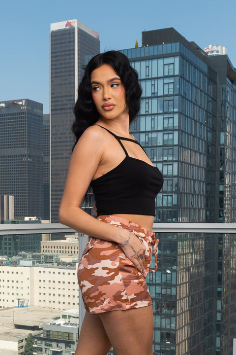 Camo Print Mini Short With Elastic on Waist and Tie Front (6613PY) - Wholesale Fashion Couture 