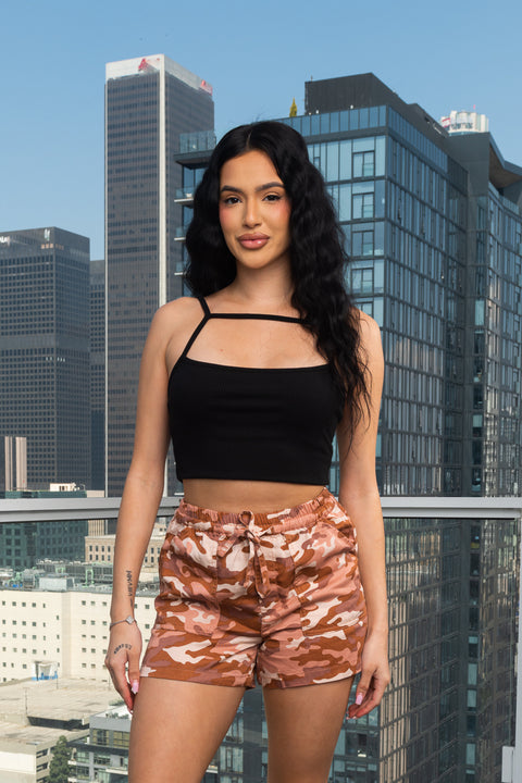 Camo Print Mini Short With Elastic on Waist and Tie Front (6613PY) - Wholesale Fashion Couture 