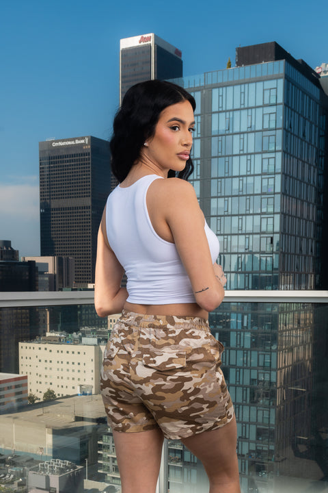 Camo Print Mini Short With Elastic on Waist and Tie Front (6613PY) - Wholesale Fashion Couture 
