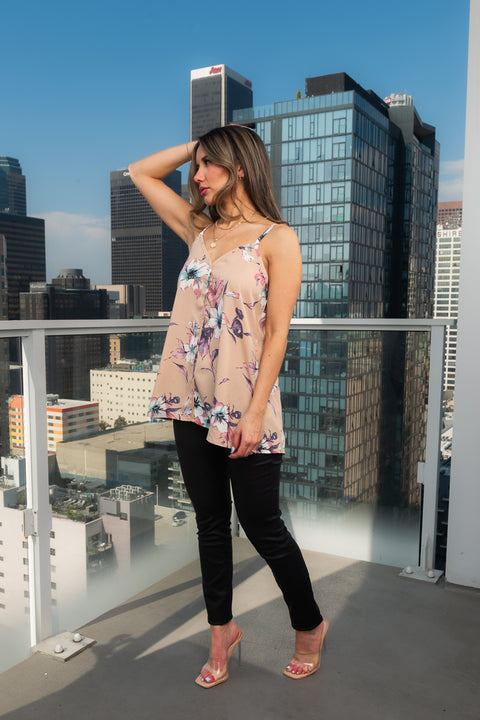 Big Flowers Printed V-Neck Long Tunic Tank Top (T1122-2) - Wholesale Fashion Couture 