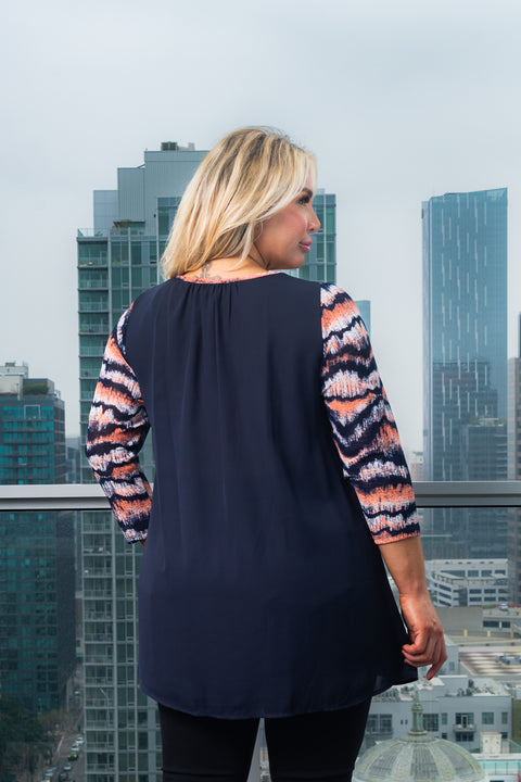 Plus Size 3/4 Sleeve Top Front Printed and Solid Chiffon Contrast Detail on Back* (JT249) - Wholesale Fashion Couture 