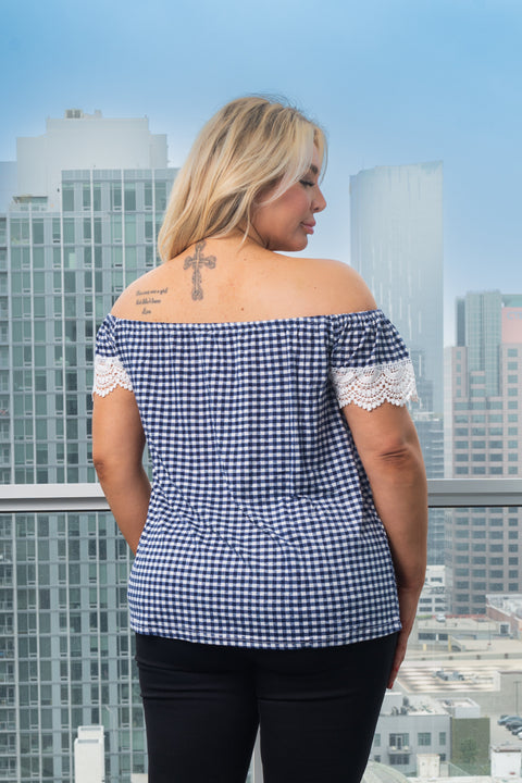 Plus Size Gingham Plaid Short Sleeve Top With White Lace Contrast on Sleeves (T14941X) - Wholesale Fashion Couture 