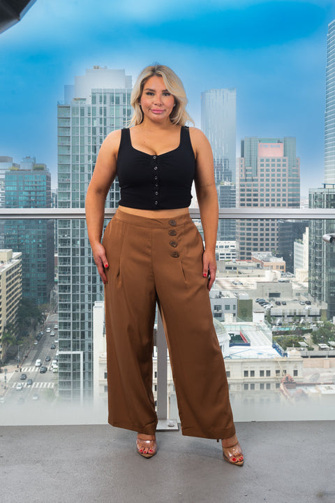Plus Size Palazzo Pants With 4 Front Buttons, 2 Pockets and Elastic on Back In Camel (172668) - Wholesale Fashion Couture 