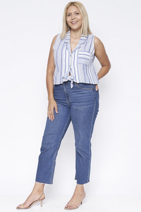 Plus Size Sleeveless Striped Top with Patch Pocket and Tied Front (FL19A695-P) - Wholesale Fashion Couture 
