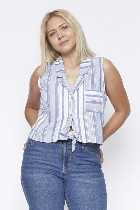 Plus Size Sleeveless Striped Top with Patch Pocket and Tied Front (FL19A695-P) - Wholesale Fashion Couture 