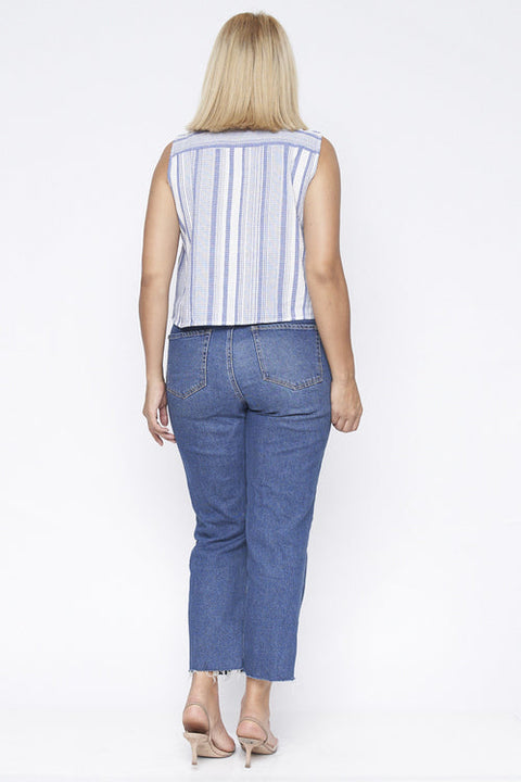 Plus Size Sleeveless Striped Top with Patch Pocket and Tied Front (FL19A695-P) - Wholesale Fashion Couture 