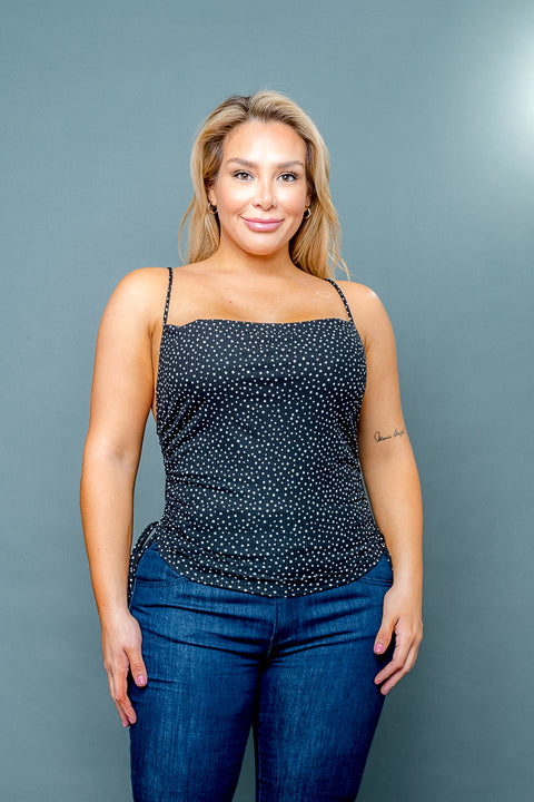 Plus Size Rib Knit Polka Dot Cowl Neck Spaghetti Strap Ruched Top (ZA3805A) - Wholesale Fashion Couture 