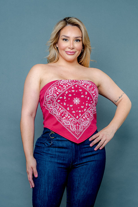 (PENDING INVENTORY) Plus Size 'Bandana Babe' Paisley Print Strapless Crop Top with Asymmetric Hem (ZA3900) - Wholesale Fashion Couture 