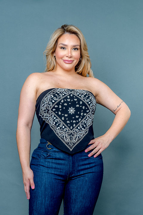 (PENDING INVENTORY) Plus Size 'Bandana Babe' Paisley Print Strapless Crop Top with Asymmetric Hem (ZA3900) - Wholesale Fashion Couture 