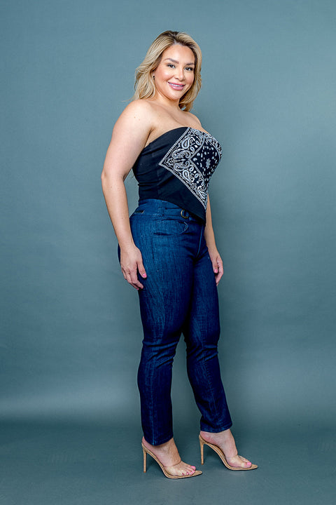 (PENDING INVENTORY) Plus Size 'Bandana Babe' Paisley Print Strapless Crop Top with Asymmetric Hem (ZA3900) - Wholesale Fashion Couture 