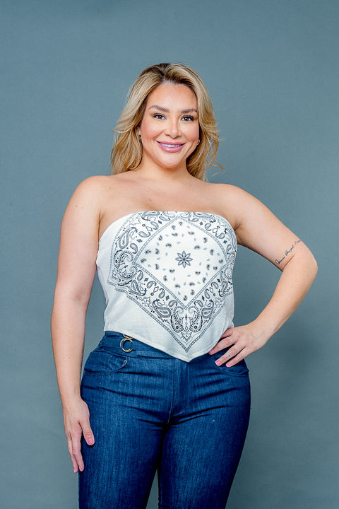 (PENDING INVENTORY) Plus Size 'Bandana Babe' Paisley Print Strapless Crop Top with Asymmetric Hem (ZA3900) - Wholesale Fashion Couture 