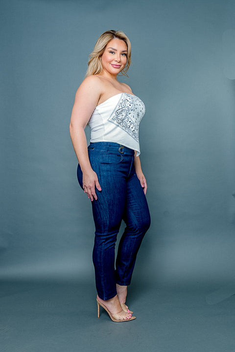 (PENDING INVENTORY) Plus Size 'Bandana Babe' Paisley Print Strapless Crop Top with Asymmetric Hem (ZA3900) - Wholesale Fashion Couture 
