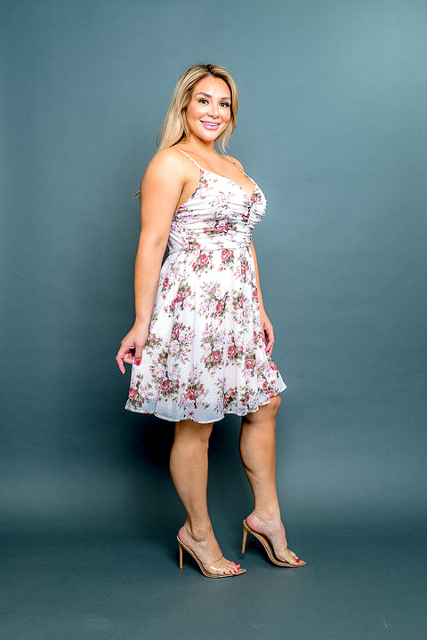 Plus Size 'Tea Party' Floral Print Spaghetti Strap V Neck Ruched A-Line Mini Dress* (CD40067P) - Wholesale Fashion Couture 