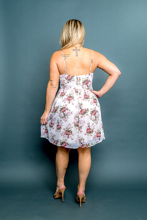 Plus Size 'Tea Party' Floral Print Spaghetti Strap V Neck Ruched A-Line Mini Dress* (CD40067P) - Wholesale Fashion Couture 