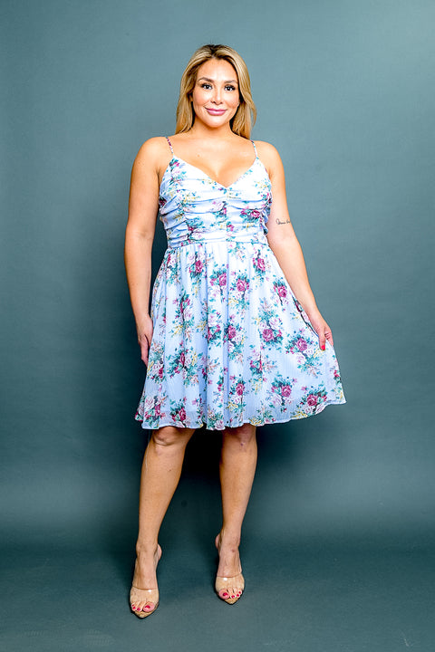 Plus Size 'Tea Party' Floral Print Spaghetti Strap V Neck Ruched A-Line Mini Dress (CD40067P) - Wholesale Fashion Couture 