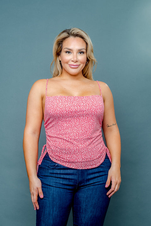 (INVENTORY PENDING) Plus Size Floral Print Square Neck Spaghetti Strap Ruched Crop Top (ZA3805P1) - Wholesale Fashion Couture 