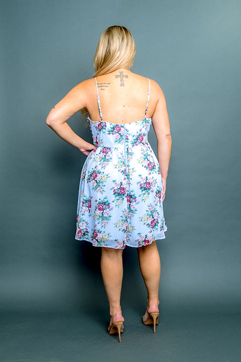Plus Size 'Tea Party' Floral Print Spaghetti Strap V Neck Ruched A-Line Mini Dress* (CD40067P) - Wholesale Fashion Couture 