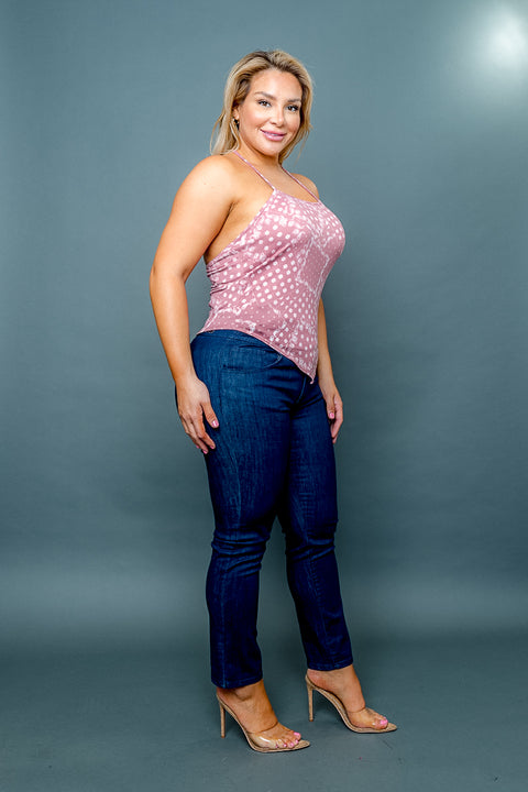 Plus Size Paisley Print Spaghetti Strap Halter Tank with Asymmetrical Hem in Mauve (ZA3901P) (Waiting on inventory) - Wholesale Fashion Couture 