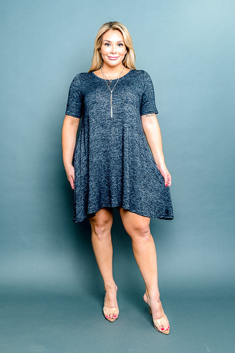Plus Size Scoop Neck Short Sleeve Handkerchief Hem Midi Dress with Silver Necklace (D1711X) - Wholesale Fashion Couture 