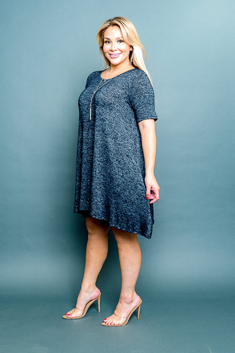 Plus Size Scoop Neck Short Sleeve Handkerchief Hem Midi Dress withNecklace (D1711X) - Wholesale Fashion Couture 